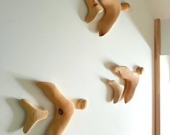3D Wooden Bird Wall Art, Hand Carved Baltic Pine Sculpture, Modern Minimalist Decor