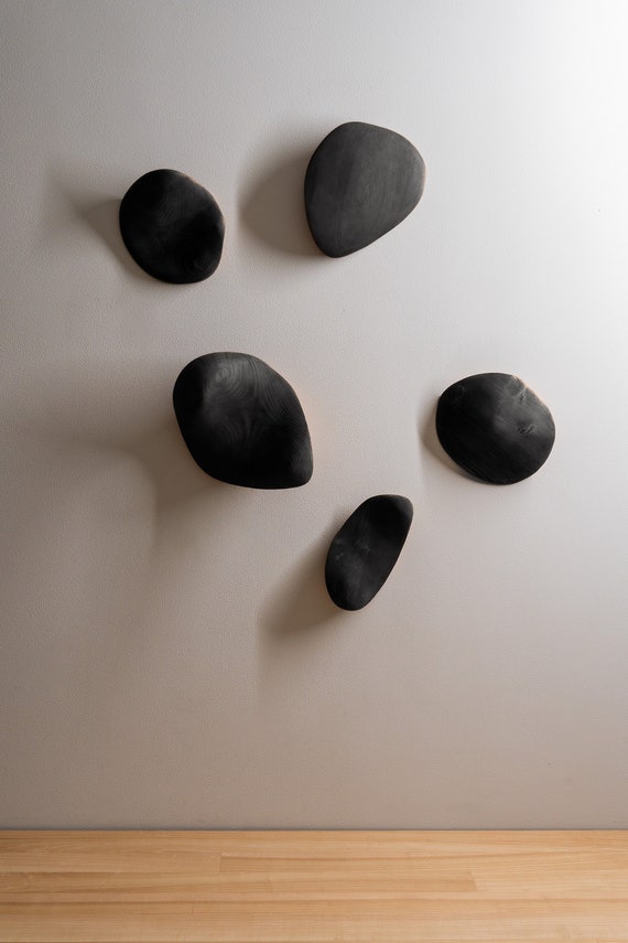 Black Reclaimed Wood Wall Sculptures: 3D Dimensional Art Set of 5