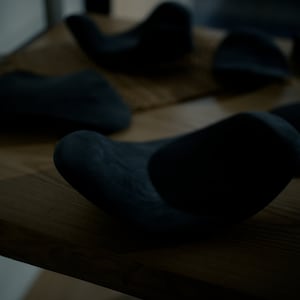 K&ouml;nnte beinhalten: Eine Sammlung von dunkelgrauen, glatten, organisch geformten Objekten, die auf einer Holzoberfl&auml;che angeordnet sind.