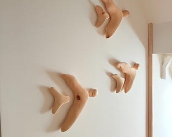 3D Wooden Bird Wall Art, Hand Carved Baltic Pine Sculpture, Modern Minimalist Decor