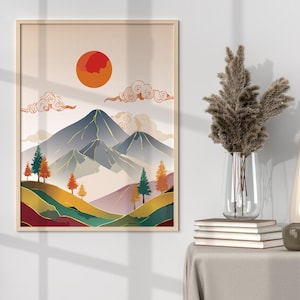 Minimalist Mountain Landscape Wall Art Peaceful Pastel Nature Illustration Simple and Elegant Minimalist Landscape Image