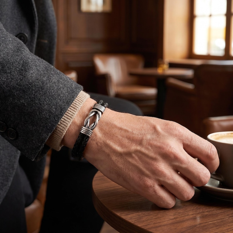 May include: A black leather bracelet with a silver-colored knot design. The bracelet is worn on a person's wrist, with a dark gray jacket and a beige sweater visible in the background. The person is holding a coffee cup.