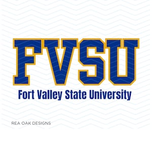 May include: A graphic design featuring the letters "FVSU" in bold, blue letters with a gold outline. Below the letters, the text "Fort Valley State University" is written in a matching blue font. The background has a white and light blue chevron pattern.