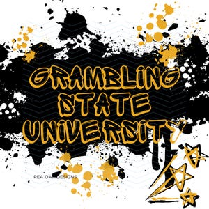 May include: Black and gold graphic design with the text "Grambling State University" in a bold, stylized font. The design features a black splatter effect and gold stars.
