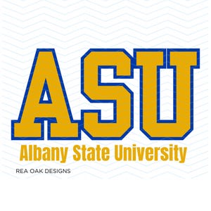 May include: A gold and blue graphic of the letters "ASU" with the words "Albany State University" below. The letters are in a bold, blocky font.