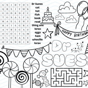 May include: Black and white printable coloring page featuring a word search puzzle with the words "Dr. Seuss", "cat", "hat", "fish", "book", "read", "thing one", "lorax", "eggs", "ham", "whoville", and "lorax". The page also includes a maze, a birthday banner that says "Happy Birthday", and various other illustrations.