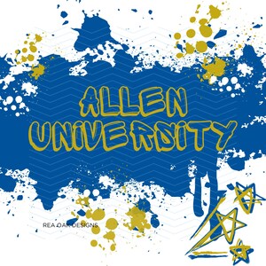 May include: A blue and gold graphic design featuring the text "Allen University" in a bold, yellow font. The design has a blue splatter paint effect with gold accents.