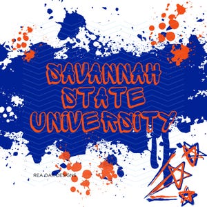 May include: A blue and orange graphic design with the text "Savannah State University" in a bold, orange font. The design features a blue background with white splatters of paint and orange circles.