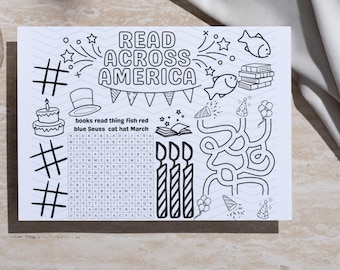 Peut inclure: Feuille d'activité en noir et blanc avec le texte "READ ACROSS AMERICA". Comprend des illustrations d'un gâteau, de poissons, de livres et un jeu de recherche de mots. Mots-clés : livre de coloriage, livre d'activités, lecture.