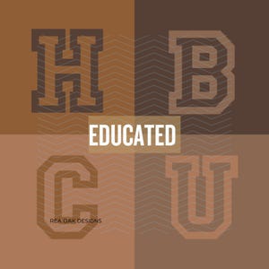 May include: A graphic design featuring the word "EDUCATED" in the centre, surrounded by the letters H, B, C, and U in a varsity style font. The letters are brown and white on a brown chevron background.