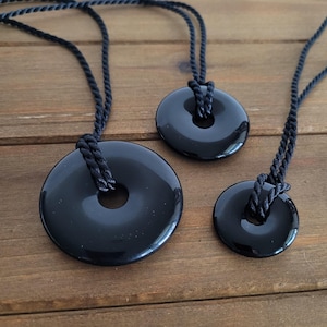 Carved Black Onyx Gemstone Donut Necklace on Cord