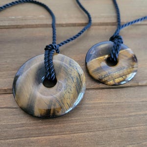 Carved Tiger&#39;s Eye Gemstone Donut Necklace on Cord