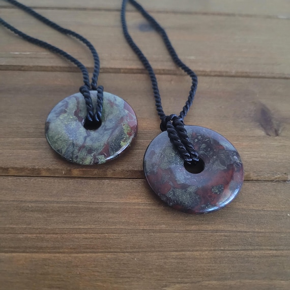 Carved Dragon's Blood Jasper Gemstone Donut Necklace on Cord