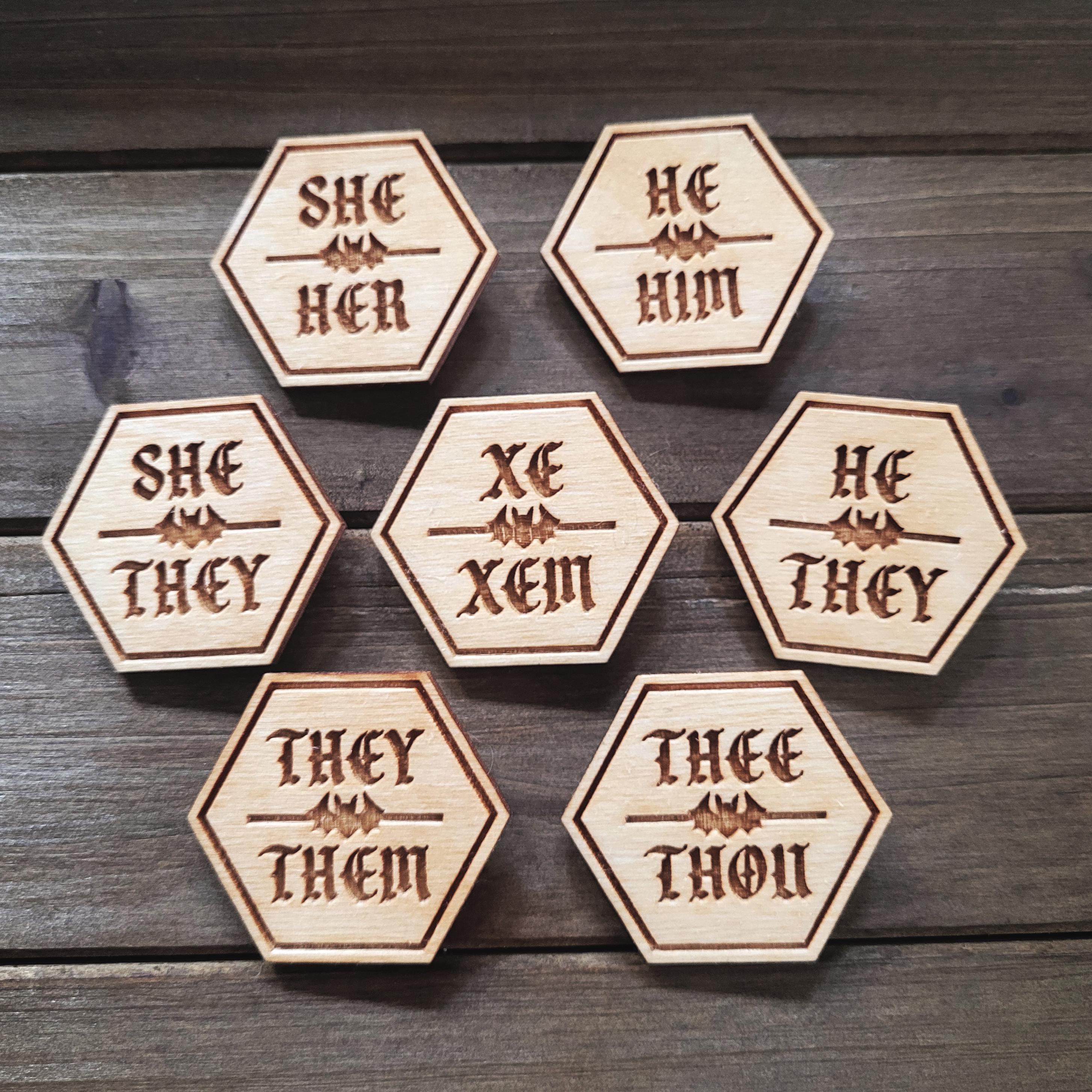 Pronoun Pins Bat Goth - Laser Engraved Wood Wooden Pin Badge Ren Faire