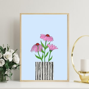 May include: A print of pink flowers in a black and white striped vase on a light blue background.