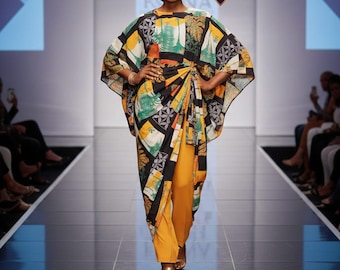 Conjunto de caftán y pantalón estampados en seda / Top cruzado, pantalones de pierna ancha / Ropa de resort de lujo africana