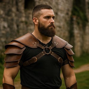 May include: Brown leather shoulder armor with layered plates, worn over a black shirt. The armor has straps and buckles, and is designed to protect the shoulders. The image is set against a blurred background of a stone wall and green grass.