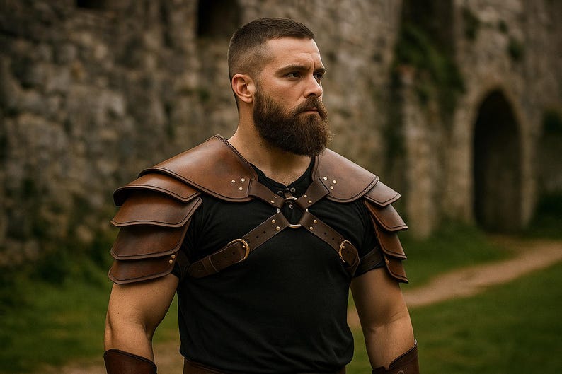 May include: Brown leather shoulder armor with layered plates, worn over a black shirt. The armor has straps and buckles, and is designed to protect the shoulders. The image is set against a blurred background of a stone wall and green grass.