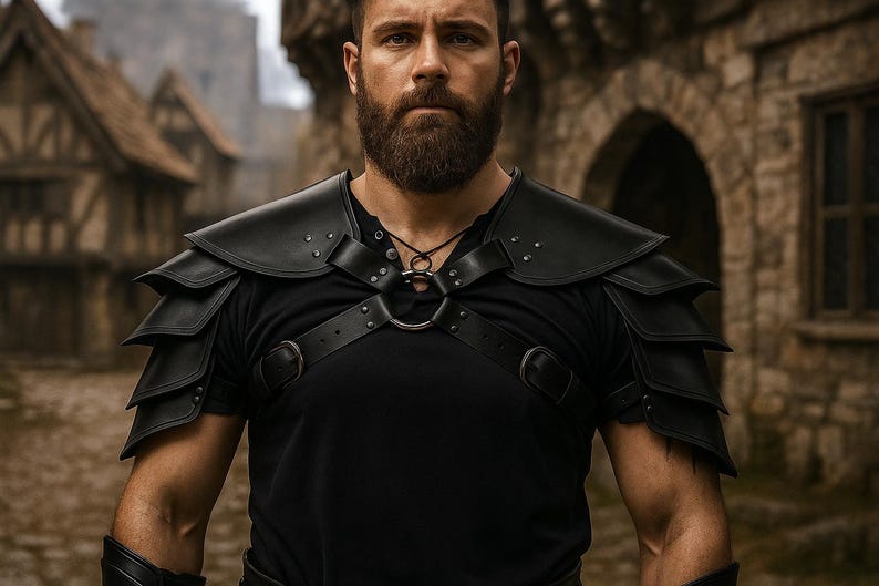 May include: Black leather shoulder armor with layered plates, worn over a black shirt. The armor features straps and metal accents. The image is set against a blurred background of a medieval town.