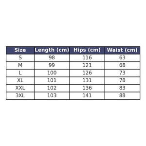 K&ouml;nnte beinhalten: Eine Gr&ouml;&szlig;entabelle f&uuml;r Kleidung mit Ma&szlig;en in Zentimetern. Die Tabelle enth&auml;lt die Gr&ouml;&szlig;en S, M, L, XL, XXL und 3XL mit den entsprechenden L&auml;ngen-, H&uuml;ft- und Taillenma&szlig;en. Die Tabelle befindet sich auf wei&szlig;em Hintergrund.