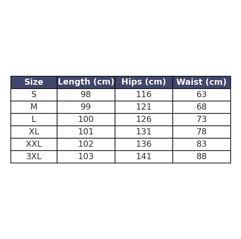 K&ouml;nnte beinhalten: Eine Gr&ouml;&szlig;entabelle f&uuml;r Kleidung mit Ma&szlig;en in Zentimetern. Die Tabelle enth&auml;lt die Gr&ouml;&szlig;en S, M, L, XL, XXL und 3XL mit den entsprechenden L&auml;ngen-, H&uuml;ft- und Taillenma&szlig;en. Die Tabelle befindet sich auf wei&szlig;em Hintergrund.