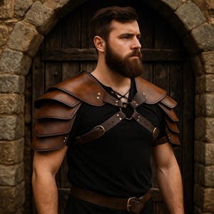 May include: Brown leather shoulder armor with layered plates, secured by straps and buckles, worn over a black shirt. The armor has a medieval or fantasy aesthetic. The background features a stone archway and wooden door.