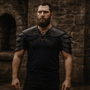 May include: Black leather shoulder armor with layered plates, worn over a black t-shirt. The armor has a harness-like design with metal hardware. The background is a stone wall with an arched doorway.