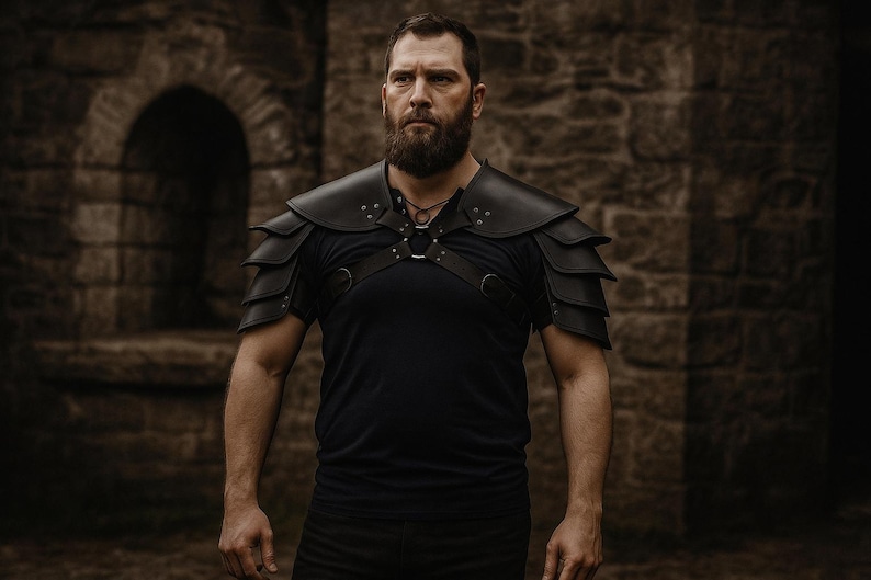 May include: Black leather shoulder armor with layered plates, worn over a black t-shirt. The armor has a harness-like design with metal hardware. The background is a stone wall with an arched doorway.