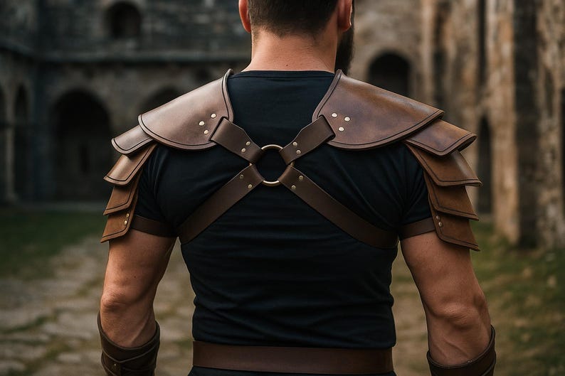 May include: Brown leather shoulder armor with layered plates and decorative rivets. The armor is secured with straps and a central ring, worn over a black shirt. The design suggests a medieval or fantasy theme.