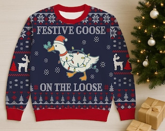 Brzydki sweter świąteczny Goose on the Loose, świąteczny sweter z lampkami, zabawny sweter świąteczny, przytulny sweter zimowy, prezent świąteczny dla miłośników zwierząt