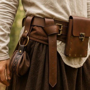 Puede incluir: Un cintur&oacute;n de cuero marr&oacute;n con una bolsa y una peque&ntilde;a bolsa a juego. El cintur&oacute;n tiene una hebilla y un cierre decorativo en la bolsa. La bolsa tiene un dise&ntilde;o de nudo celta.