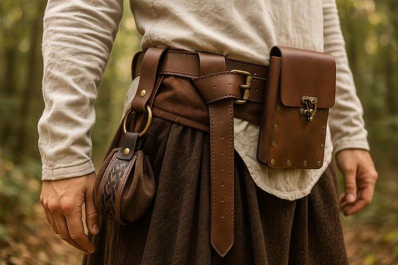 Puede incluir: Un cintur&oacute;n de cuero marr&oacute;n con una bolsa y una peque&ntilde;a bolsa a juego. El cintur&oacute;n tiene una hebilla y un cierre decorativo en la bolsa. La bolsa tiene un dise&ntilde;o de nudo celta.