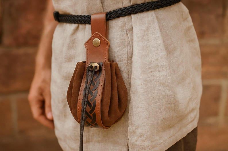 Puede incluir: Una bolsa de cuero y ante marr&oacute;n con un adorno de cuero trenzado, sujeta a una trabilla de cintur&oacute;n de cuero marr&oacute;n. La bolsa se asegura con un cord&oacute;n y un bot&oacute;n de lat&oacute;n. El cintur&oacute;n es negro y trenzado.