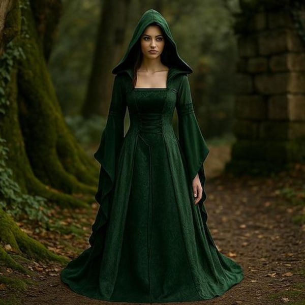 Medieval Hooded Fantasy Dress, Women’s Witch Dress, Renaissance Faire Queen Costume, Fairytale Wedding Dress, Cosplay Costume Cloak Dress