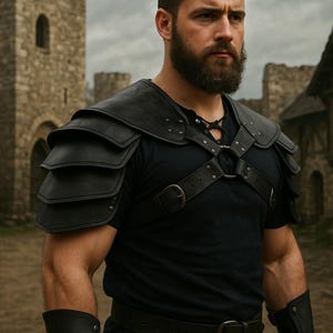 May include: A person wearing black leather armor, including shoulder pauldrons and arm guards, over a black shirt. The background features stone buildings, suggesting a medieval or fantasy theme. The armor has a rugged, battle-worn appearance.