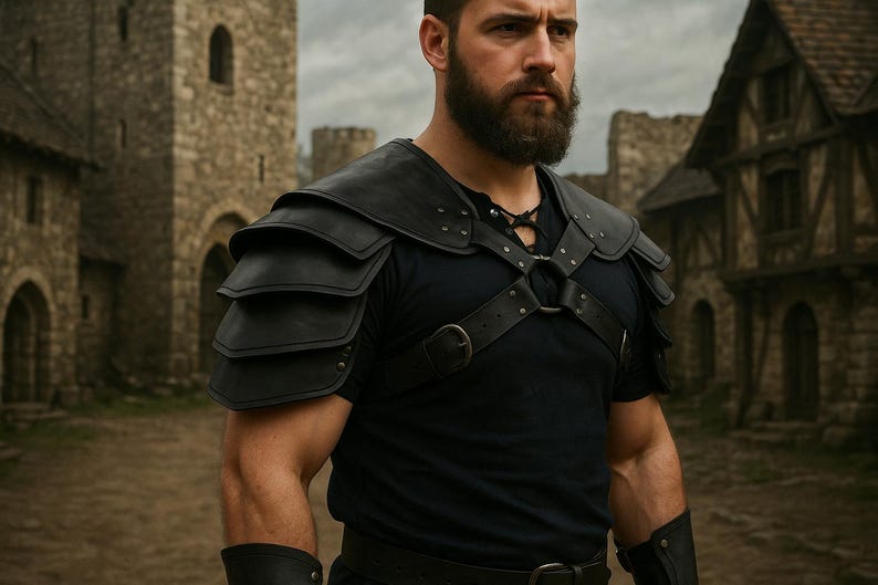 May include: A person wearing black leather armor, including shoulder pauldrons and arm guards, over a black shirt. The background features stone buildings, suggesting a medieval or fantasy theme. The armor has a rugged, battle-worn appearance.
