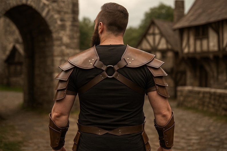May include: Brown leather armor set, including shoulder pauldrons, arm bracers, and a chest harness with a metal ring. The armor is worn over a black shirt. The scene is set outdoors with a stone archway and buildings in the background.