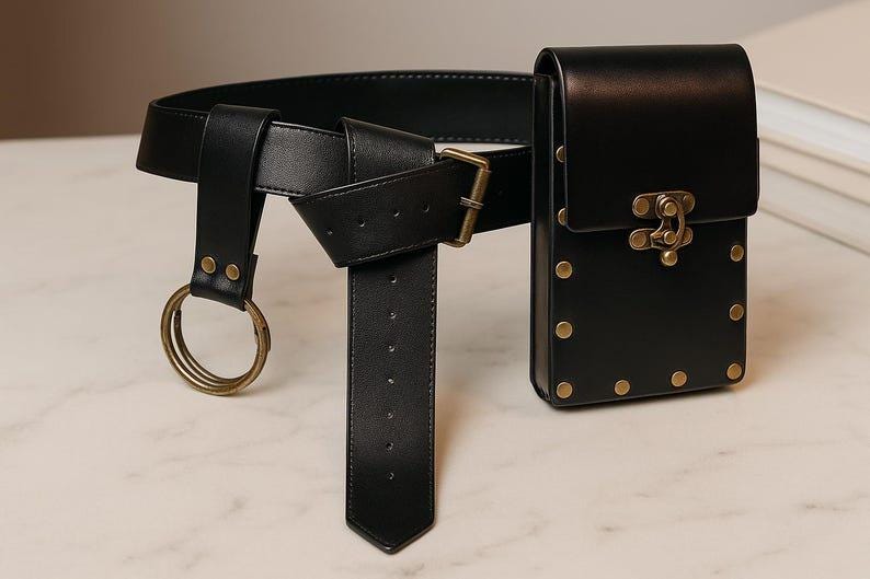 Puede incluir: Cintur&oacute;n de cuero negro con una funda a juego. El cintur&oacute;n presenta una hebilla dorada y dos anillos dorados. La funda tiene un cierre decorativo y tachuelas doradas. El cintur&oacute;n est&aacute; dise&ntilde;ado para usarse alrededor de la cintura.