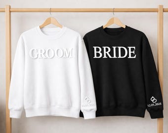 Personalisierte Braut & Bräutigam Sweatshirt, passende Flitterwochen Pullover, Rundhalsausschnitt mit individuellem Puffdruck, Hochzeitsjubiläum Sweatshirt