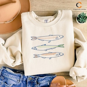 Sadines vis geborduurd sweatshirt, trui met ronde hals kust, trui grappige visliefhebber, trui oceaanthema, beste cadeau voor zeeliefhebber