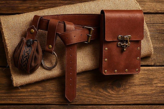 Medieval PU Leather Belt Bag, Renaissance Steampunk Waist Bag, Rain Faire Hip Belt Bag Set, Viking Costume Set, Fantasy Roleplay Accessory