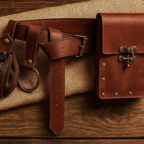 Medieval PU Leather Belt Bag, Renaissance Steampunk Waist Bag, Rain Faire Hip Belt Bag Set, Viking Costume Set, Fantasy Roleplay Accessory