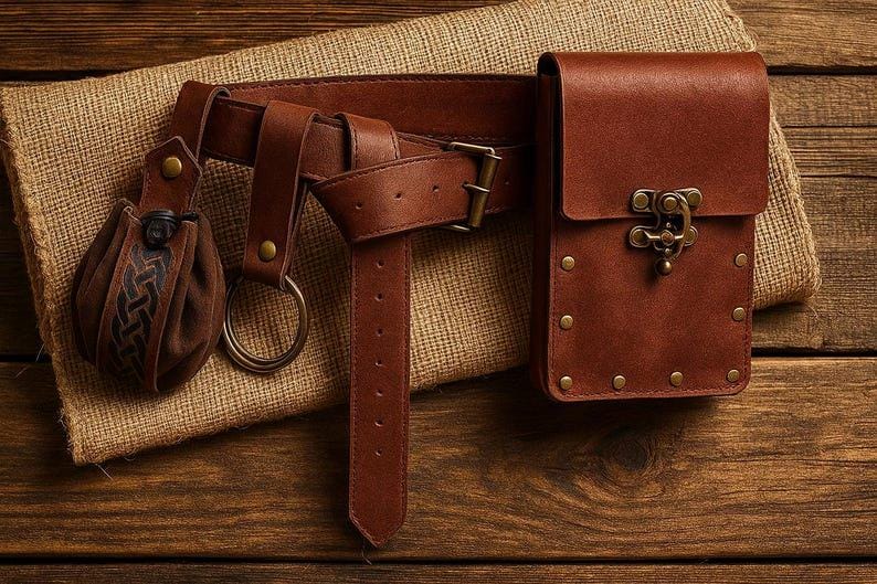 Medieval PU Leather Belt Bag, Renaissance Steampunk Waist Bag