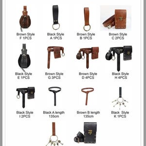 Puede incluir: Una tabla de colores que muestra varios accesorios de cuero. La imagen muestra bolsas, cinturones y llaveros de cuero marr&oacute;n y negro. El texto "Color Chart" est&aacute; en la parte superior. Las medidas son en cent&iacute;metros.