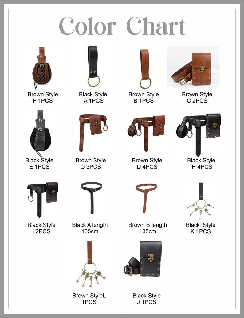 Puede incluir: Una tabla de colores que muestra varios accesorios de cuero. La imagen muestra bolsas, cinturones y llaveros de cuero marr&oacute;n y negro. El texto "Color Chart" est&aacute; en la parte superior. Las medidas son en cent&iacute;metros.