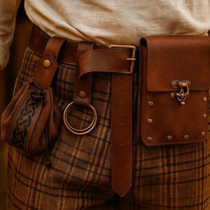 Puede incluir: Un cintur&oacute;n de cuero marr&oacute;n con una bolsa, un anillo y una funda rectangular. El cintur&oacute;n tiene una hebilla dorada y se usa sobre pantalones a cuadros. La bolsa tiene un patr&oacute;n decorativo. La funda tiene un cierre y remaches.