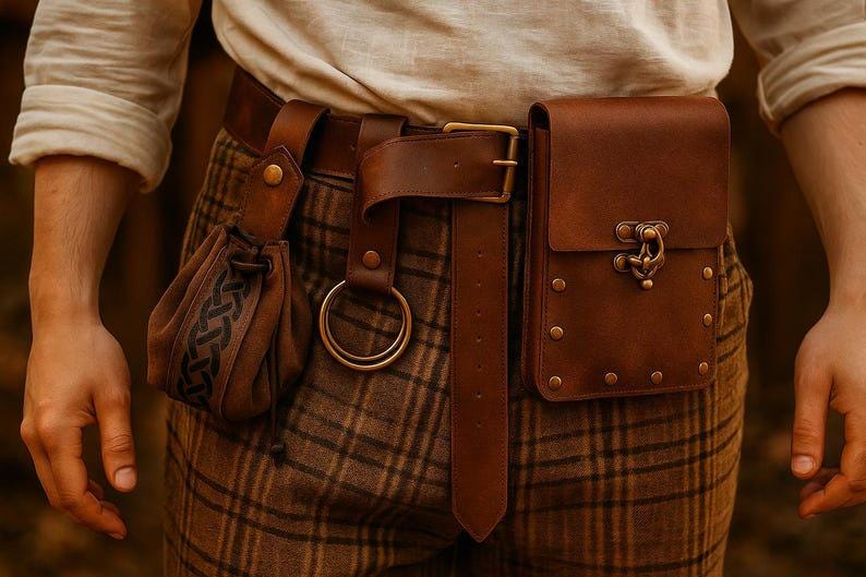 Puede incluir: Un cintur&oacute;n de cuero marr&oacute;n con una bolsa, un anillo y una funda rectangular. El cintur&oacute;n tiene una hebilla dorada y se usa sobre pantalones a cuadros. La bolsa tiene un patr&oacute;n decorativo. La funda tiene un cierre y remaches.