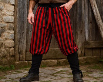 Spodnie pirackie w paski męskie, spodnie LARP z renesansowego jarmarku, historyczne spodnie wikingów średniowiecznych, spodnie fantasy z renesansowego jarmarku, kostium cosplay w stylu vintage