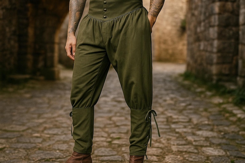 K&ouml;nnte beinhalten: Olivgr&uuml;ne Hose mit hoher Taille, Knopfleiste vorne und geraffter Taille. Die Hose hat eine lockere Passform an den Beinen und ist an den Kn&ouml;cheln mit B&auml;ndern gerafft. Die Hose ist aus einem weichen Stoff gefertigt und eignet sich f&uuml;r historische Nachstellungen oder Kost&uuml;me.