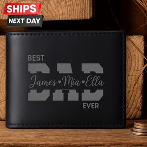 Cartera de cuero grabada para papá, cartera personalizada para papá con nombres de niños, cartera con monograma grabado, regalo para el Día del Padre, regalo para el mejor papá.